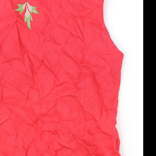 Anne Carson Womens Red Linen Basic Tank Size L V-Neck - Flower Detail