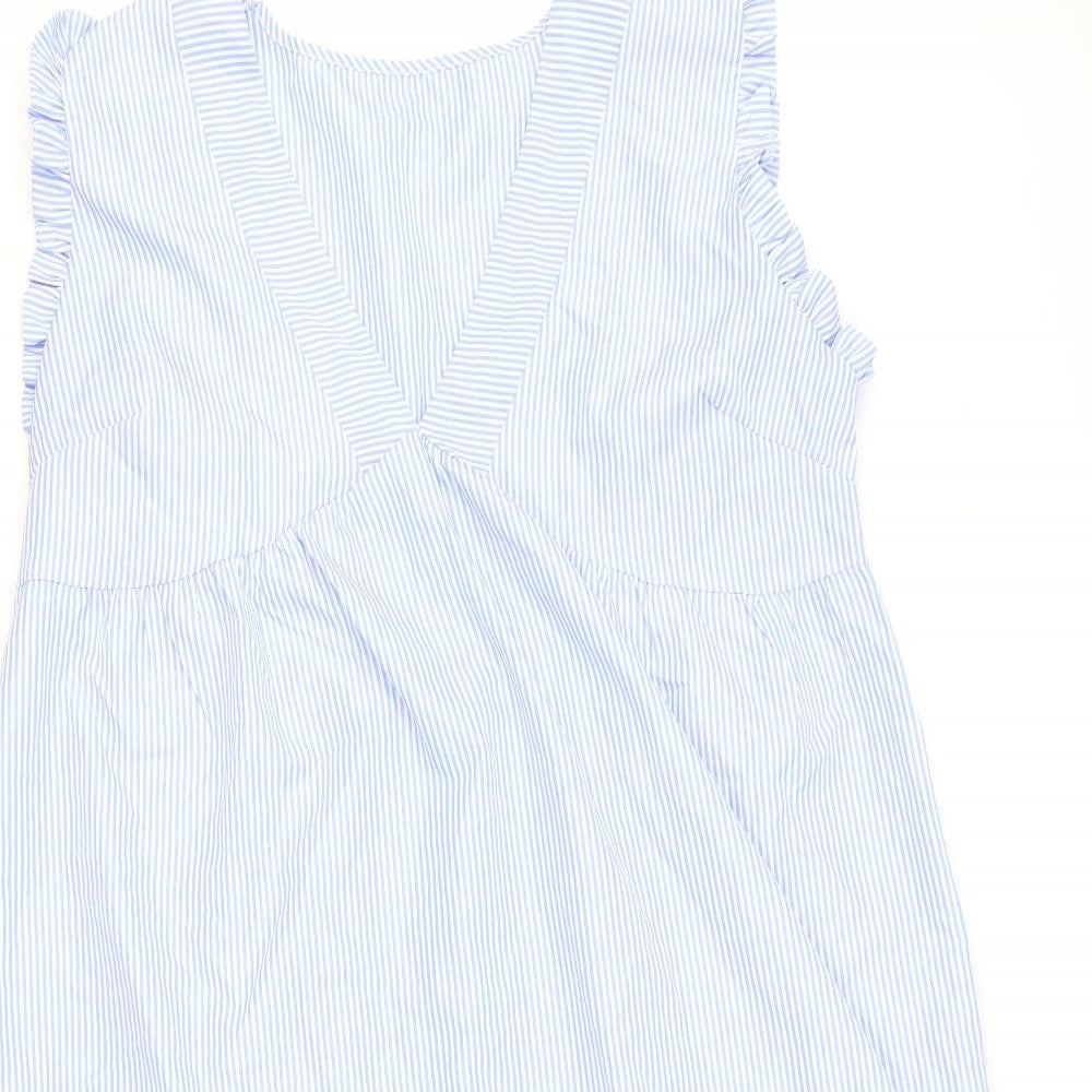 Preworn Womens Blue Striped Polyester A-Line Size XL V-Neck Pullover - Drop hem