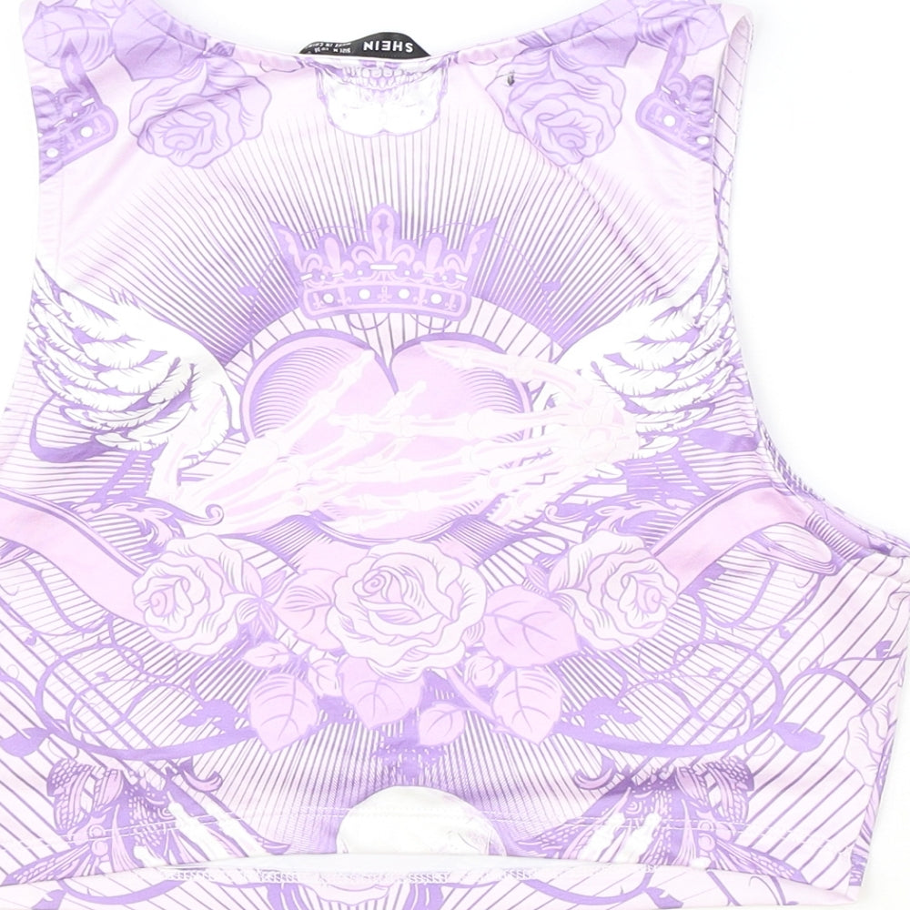 SheIn Womens Purple Geometric Polyester Cropped Tank Size M Round Neck - Skull Detail
