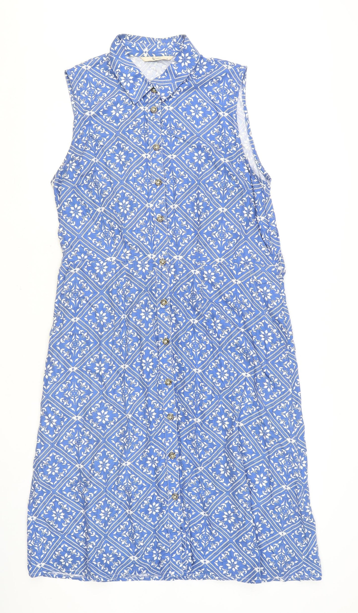 TU Womens Blue Geometric Viscose Shirt Dress Size 14 Collared Button