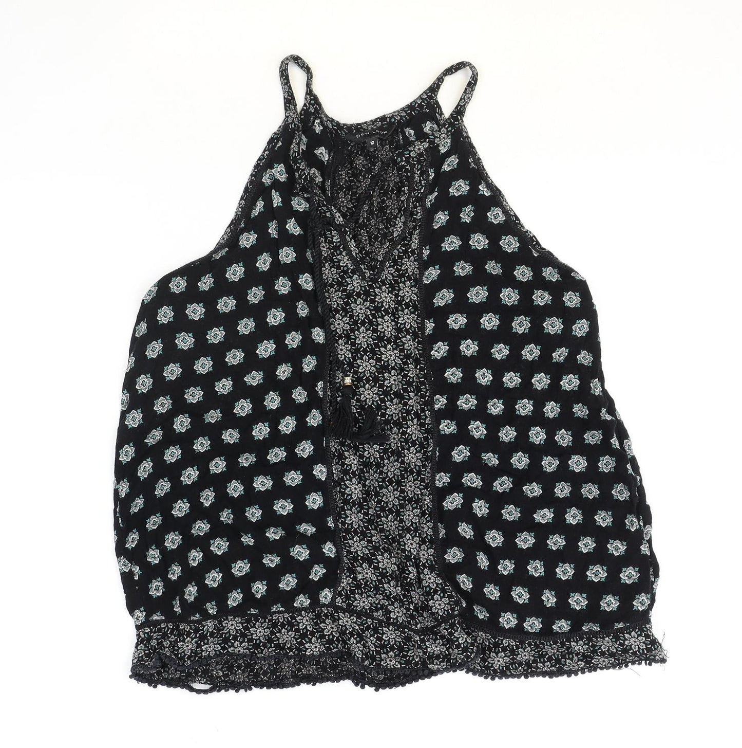 New Look Womens Black Geometric Viscose Basic Blouse Size 12 Round Neck