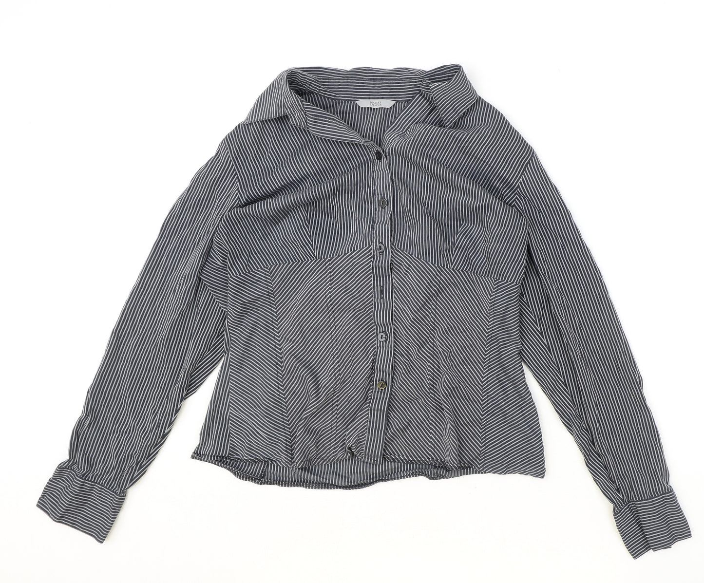 Marks and Spencer Womens Black Striped Viscose Basic Button-Up Size 14 V-Neck