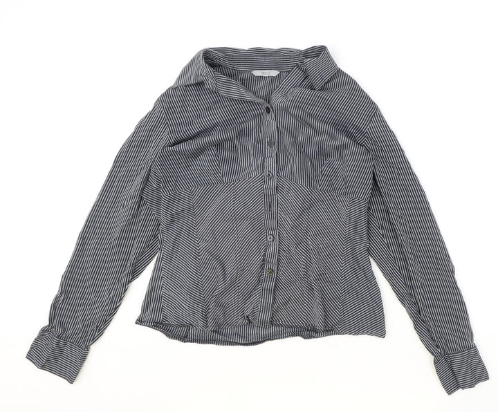Marks and Spencer Womens Black Striped Viscose Basic Button-Up Size 14 V-Neck