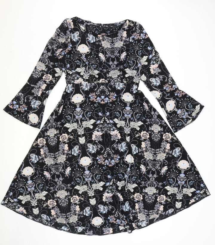 M&Co Womens Black Geometric Polyester Fit & Flare Size 10 Round Neck Zip