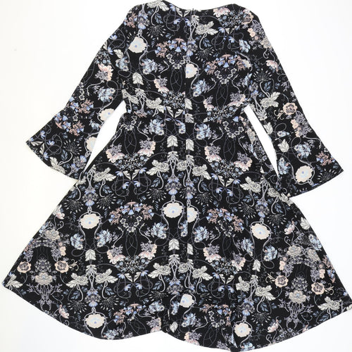 M&Co Womens Black Geometric Polyester Fit & Flare Size 10 Round Neck Zip