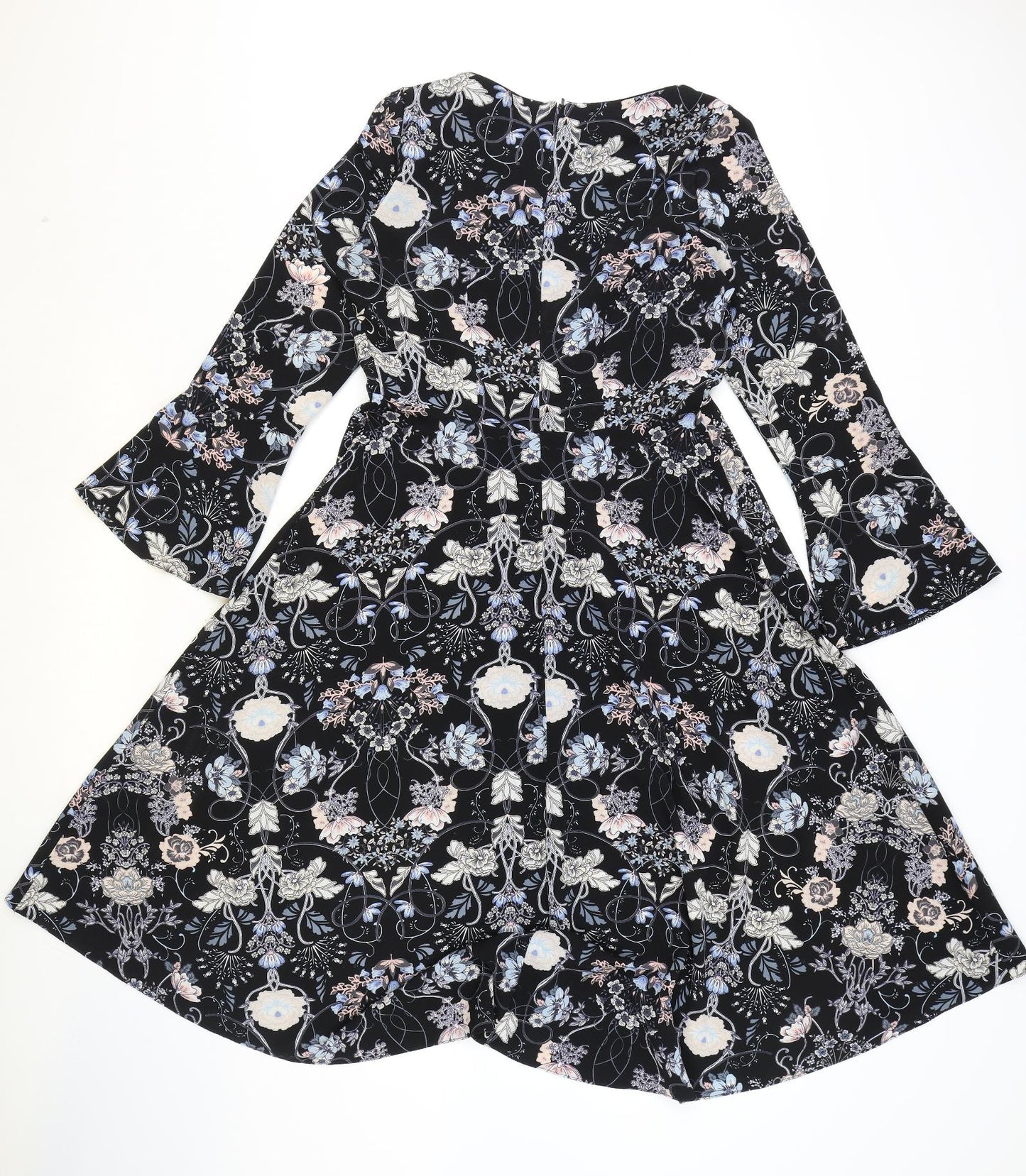 M&Co Womens Black Geometric Polyester Fit & Flare Size 10 Round Neck Zip