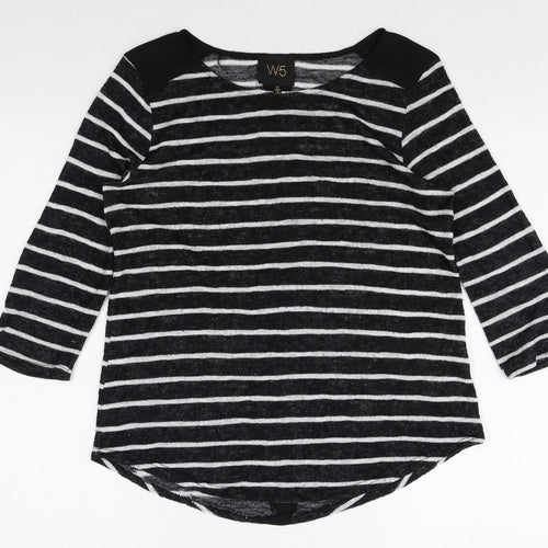 W5 Womens Black Striped Viscose Basic T-Shirt Size S Round Neck