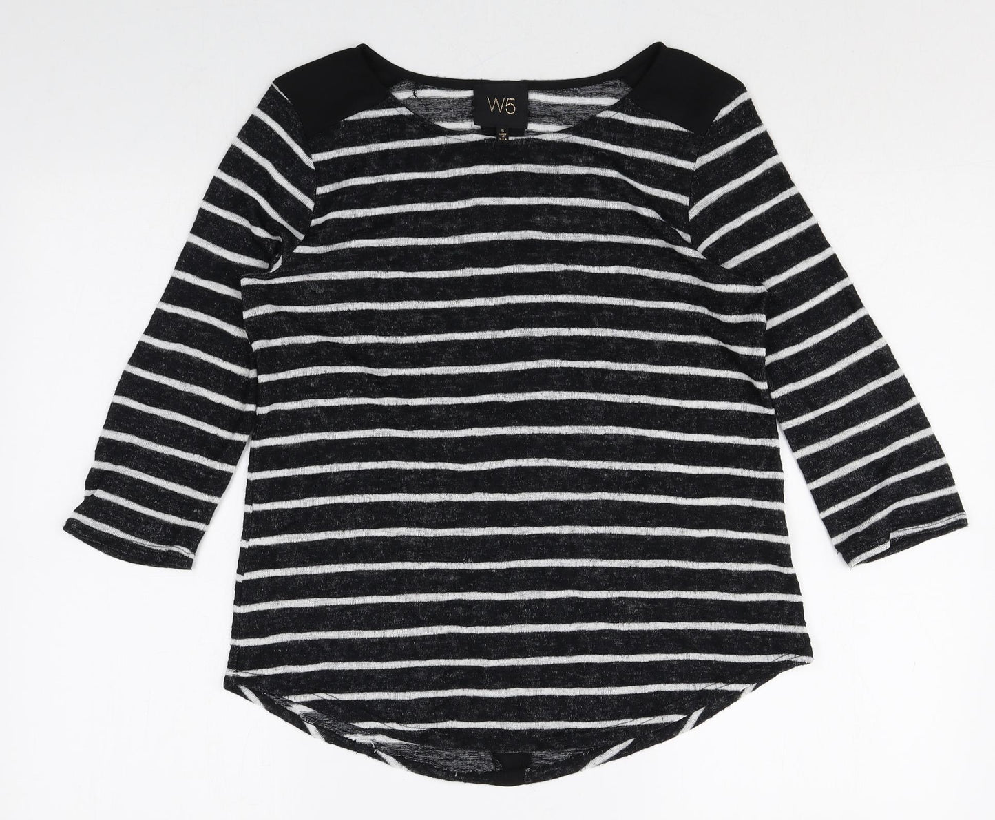 W5 Womens Black Striped Viscose Basic T-Shirt Size S Round Neck
