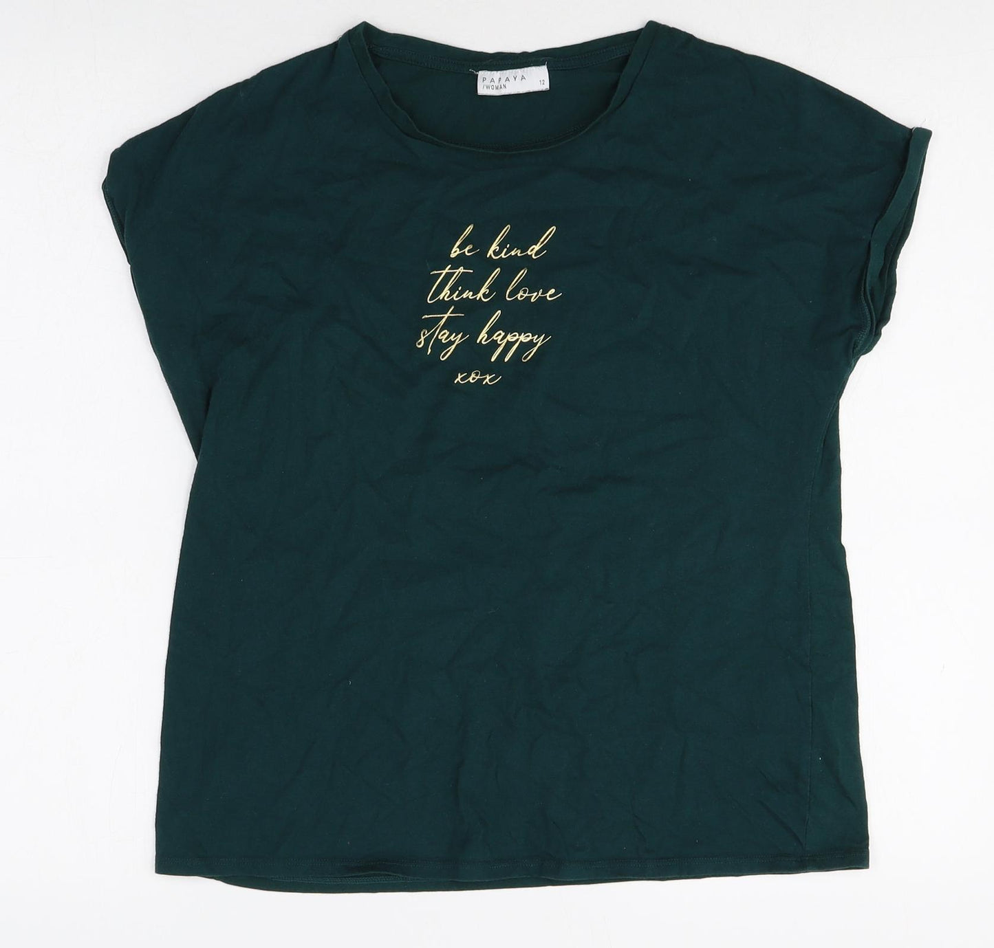 Papaya Womens Green Cotton Basic T-Shirt Size 12 Round Neck - Love Slogan