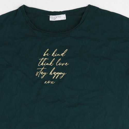 Papaya Womens Green Cotton Basic T-Shirt Size 12 Round Neck - Love Slogan
