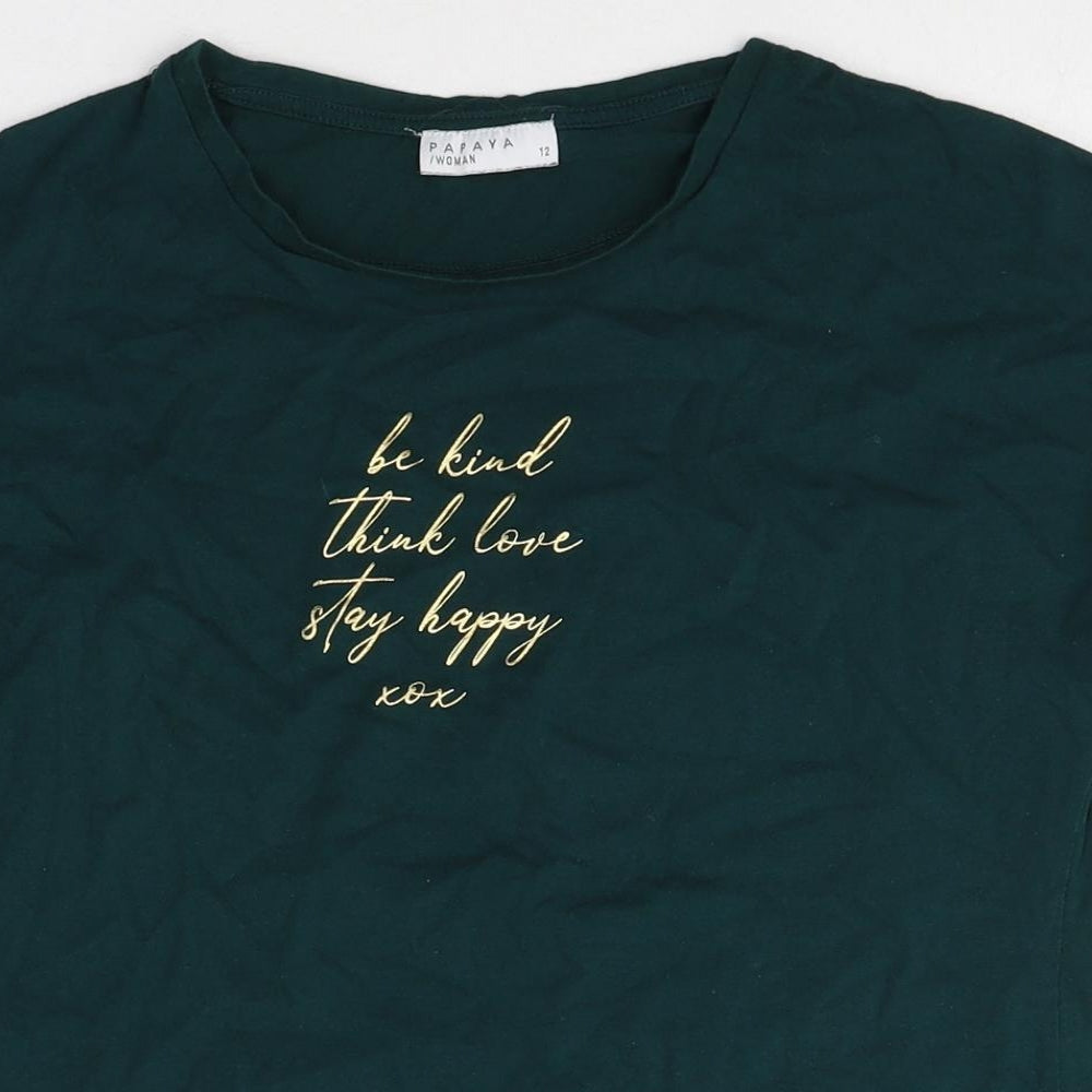 Papaya Womens Green Cotton Basic T-Shirt Size 12 Round Neck - Love Slogan