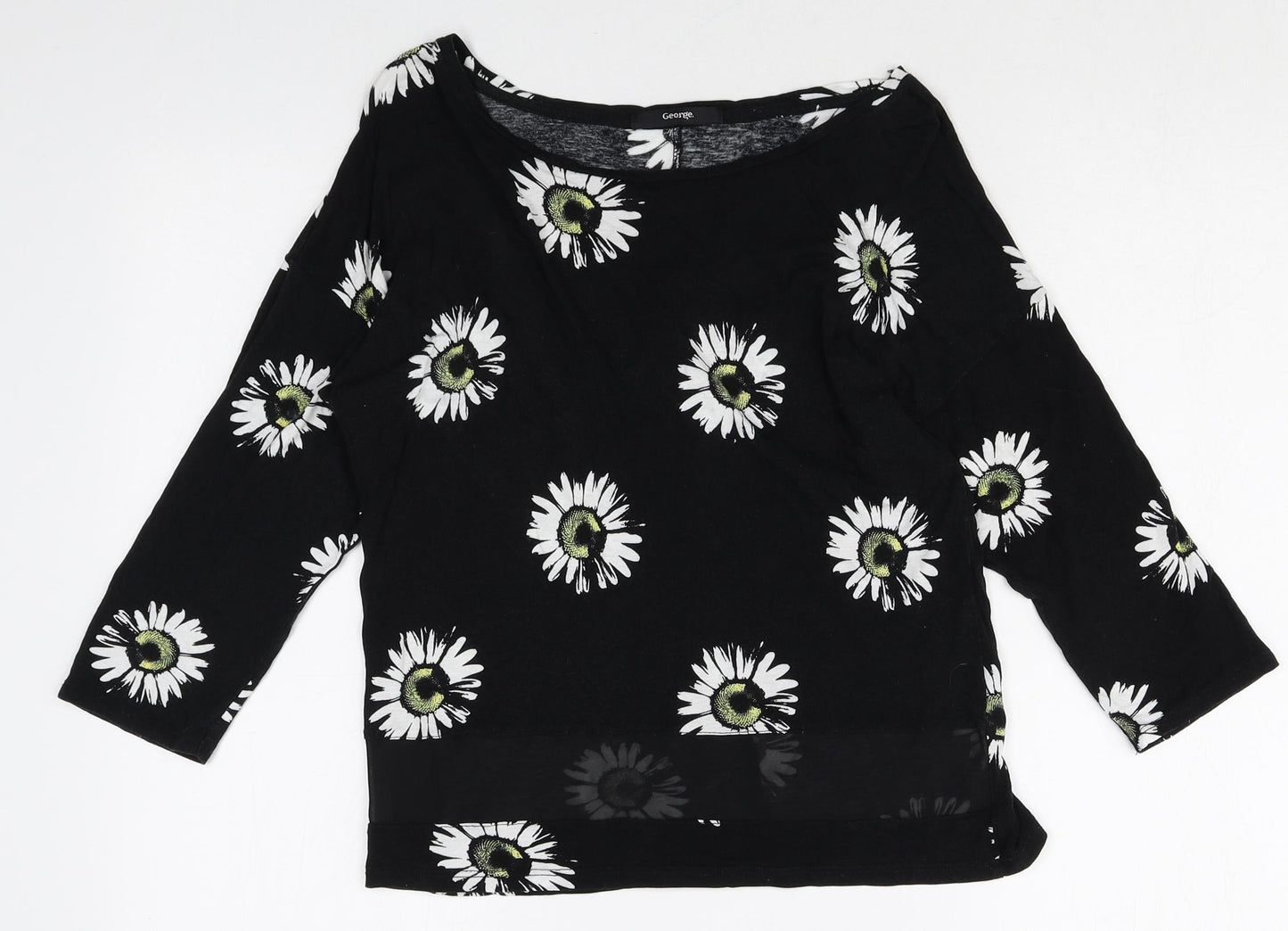 George Womens Black Floral Viscose Basic T-Shirt Size 12 Boat Neck