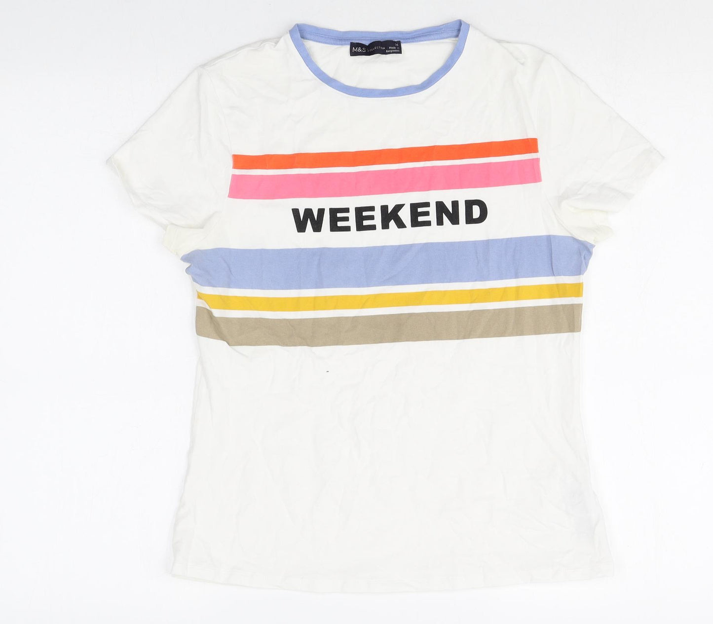 Marks and Spencer Womens White Striped Cotton Basic T-Shirt Size 14 Round Neck - Weekend