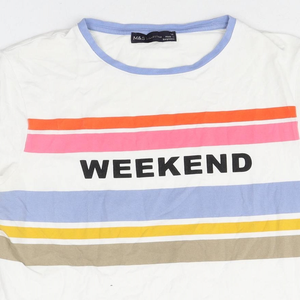 Marks and Spencer Womens White Striped Cotton Basic T-Shirt Size 14 Round Neck - Weekend