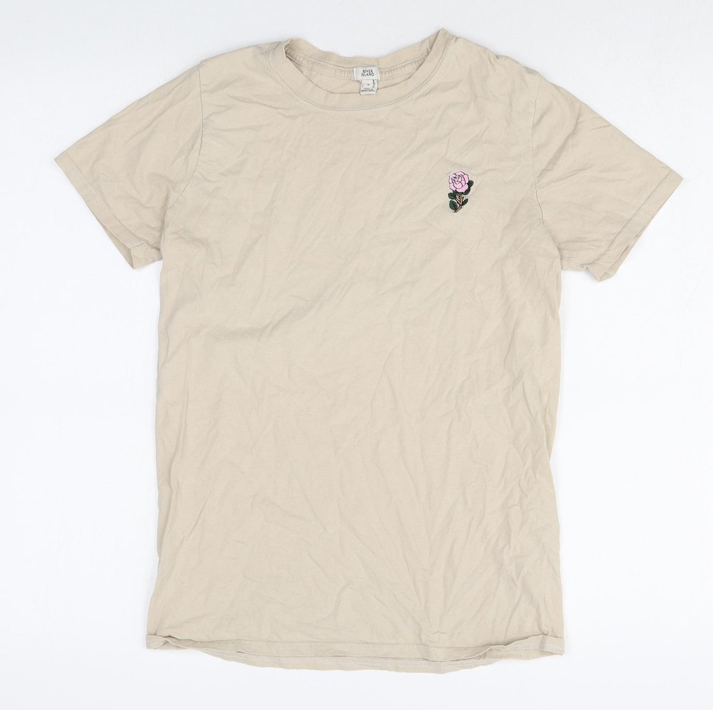 River Island Womens Ivory 100% Cotton Basic T-Shirt Size 8 Round Neck - Flower
