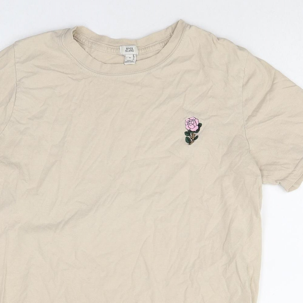 River Island Womens Ivory 100% Cotton Basic T-Shirt Size 8 Round Neck - Flower