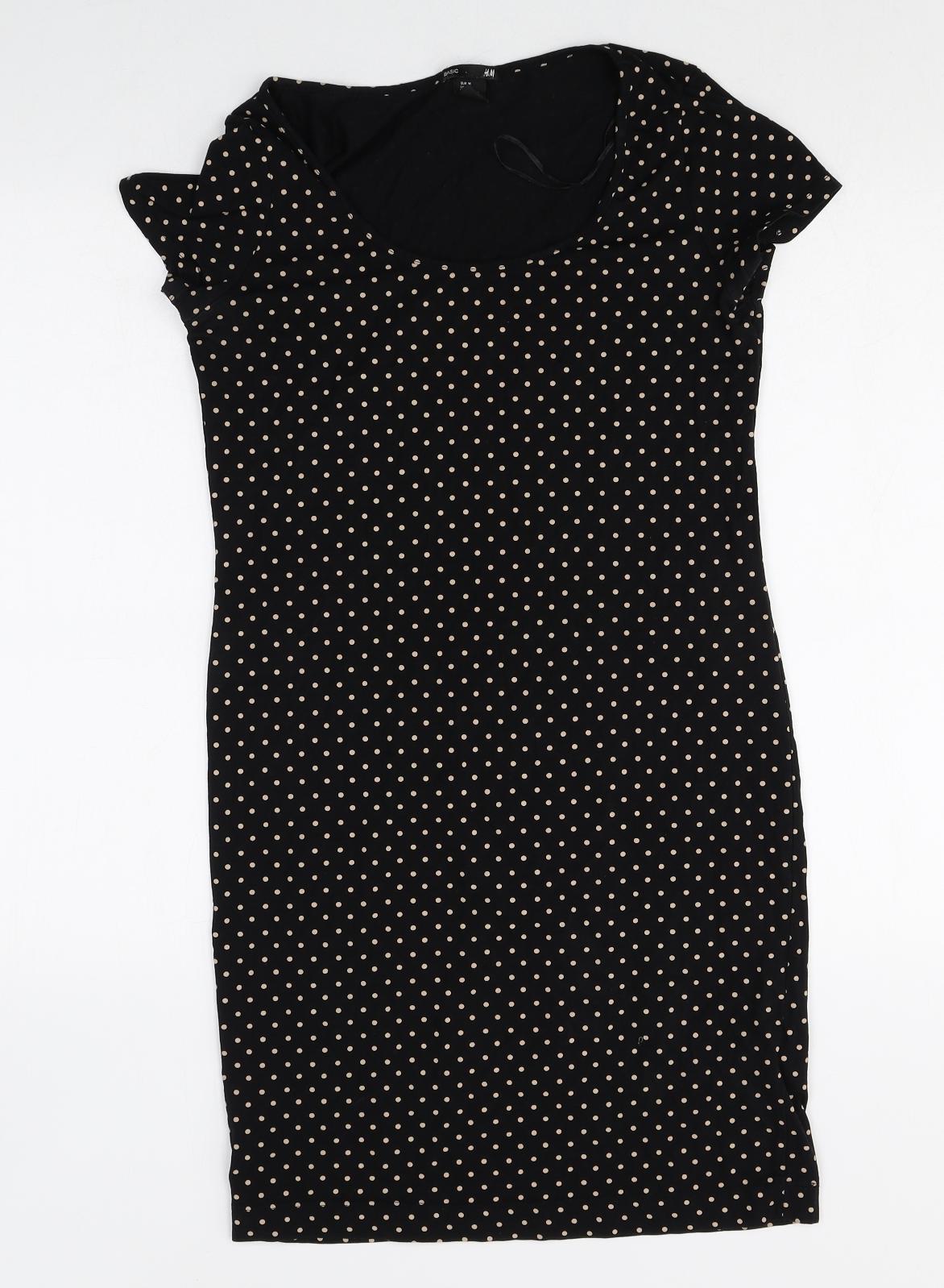 H&M Womens Black Polka Dot Cotton T-Shirt Dress Size M Scoop Neck Pullover