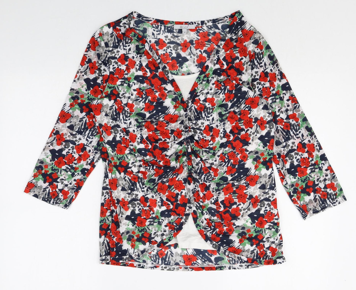 Pre Una Womens Multicoloured Floral Polyester Basic T-Shirt Size 14 V-Neck