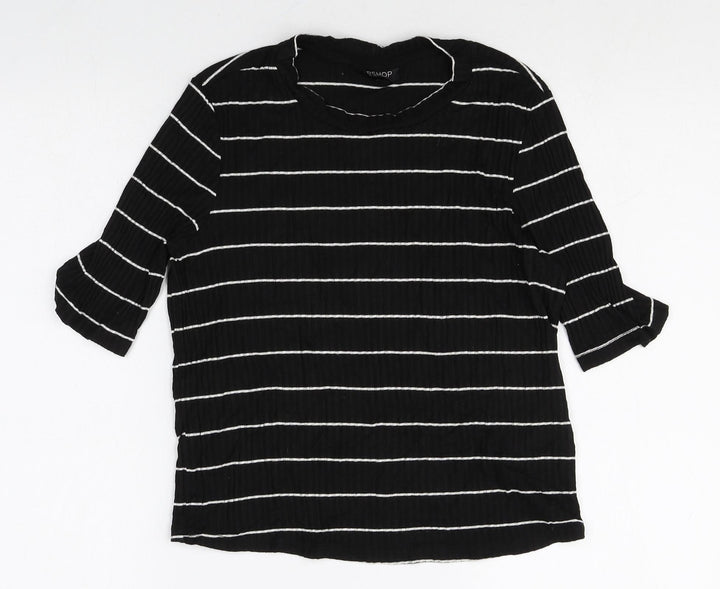 Topshop Womens Black Striped Viscose Basic T-Shirt Size 10 Round Neck