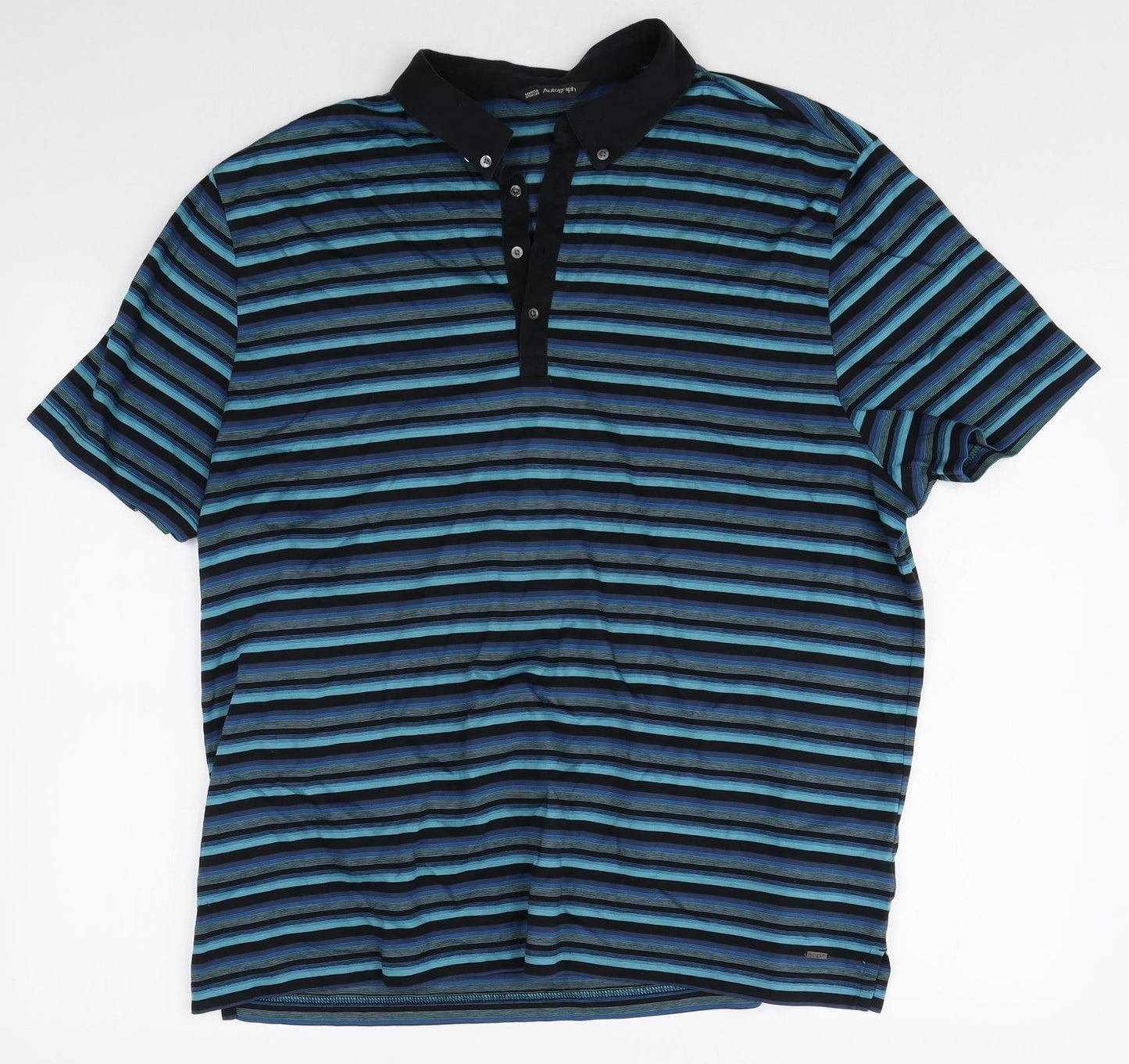 Marks and Spencer Mens Blue Striped Cotton Polo Size 2XL Collared Button