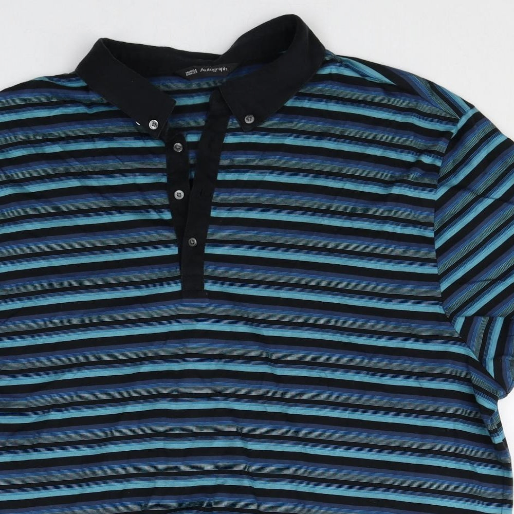 Marks and Spencer Mens Blue Striped Cotton Polo Size 2XL Collared Button