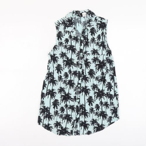 H&M Womens Blue Geometric Viscose Basic Button-Up Size 4 Collared - Tree Print