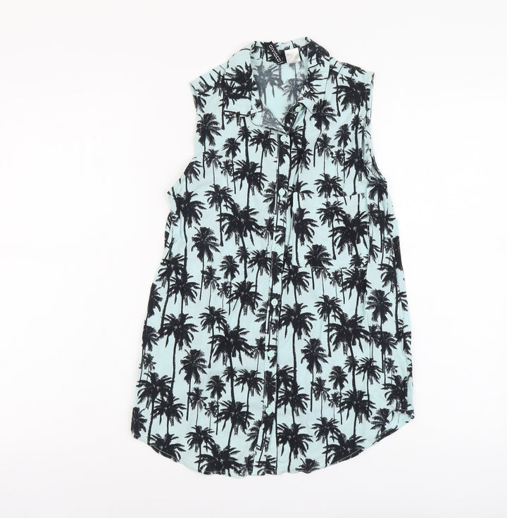 H&M Womens Blue Geometric Viscose Basic Button-Up Size 4 Collared - Tree Print