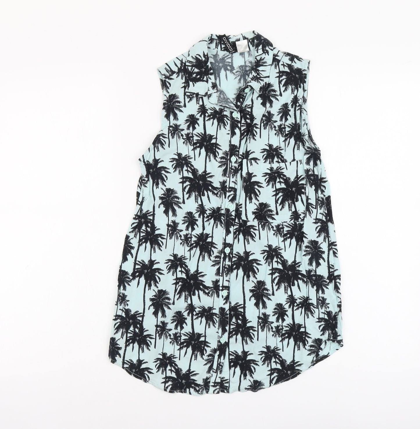 H&M Womens Blue Geometric Viscose Basic Button-Up Size 4 Collared - Tree Print