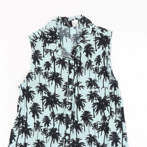 H&M Womens Blue Geometric Viscose Basic Button-Up Size 4 Collared - Tree Print