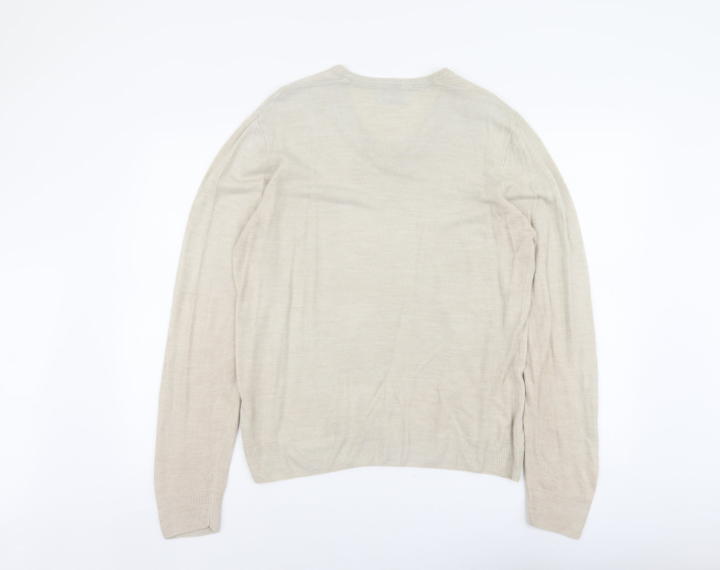 Marks and Spencer Mens Beige V-Neck Acrylic Pullover Jumper Size M Long Sleeve