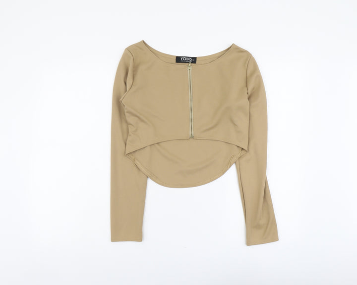 Yoins Womens Beige Polyester Cropped T-Shirt Size L Round Neck