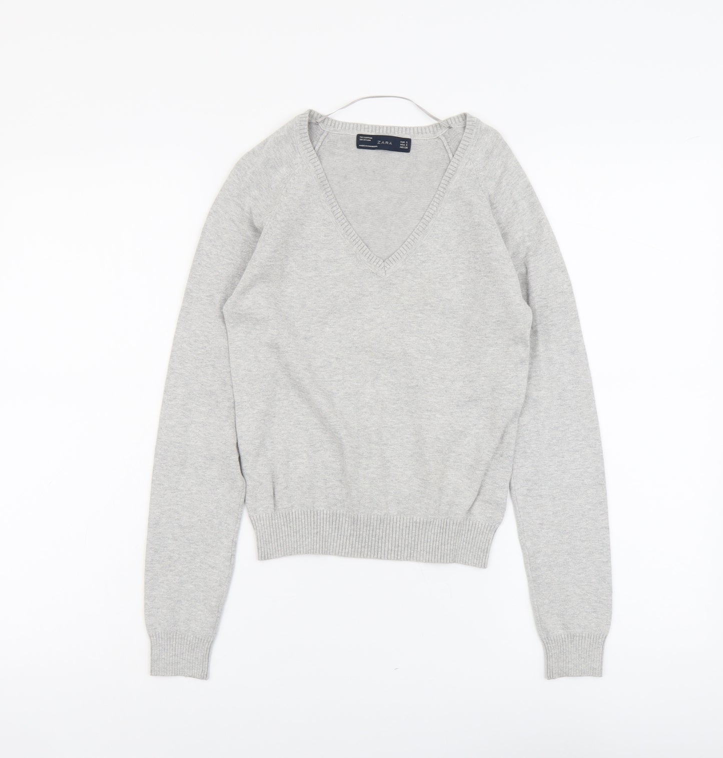Zara Womens Grey V-Neck Cotton Pullover Jumper Size S