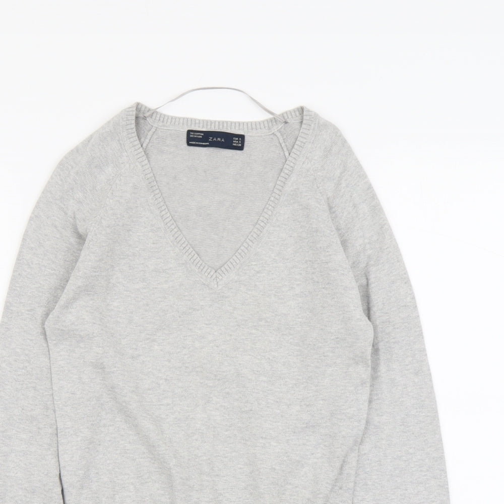 Zara Womens Grey V-Neck Cotton Pullover Jumper Size S