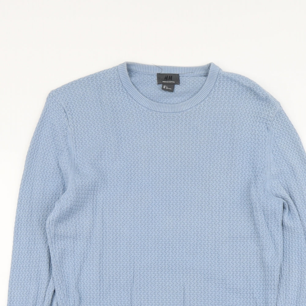 H&M Mens Blue Round Neck Cotton Pullover Jumper Size L Long Sleeve