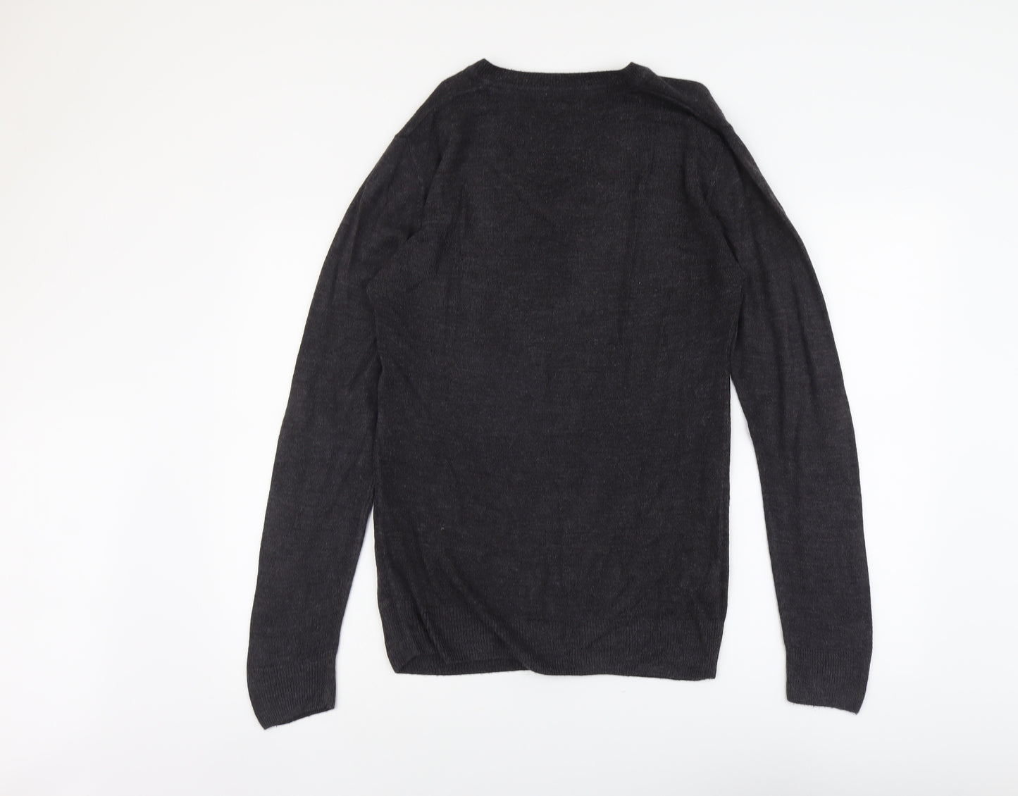 Easy Mens Grey V-Neck Acrylic Pullover Jumper Size S Long Sleeve