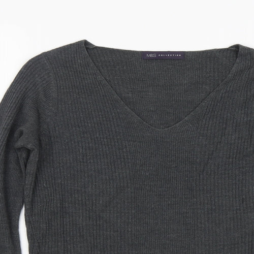 Marks and Spencer Womens Grey V-Neck Acrylic Pullover Jumper Size 8
