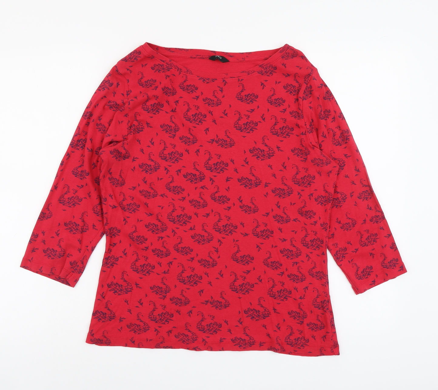 M&Co Womens Red Geometric Cotton Basic T-Shirt Size 16 Round Neck - Swan Print