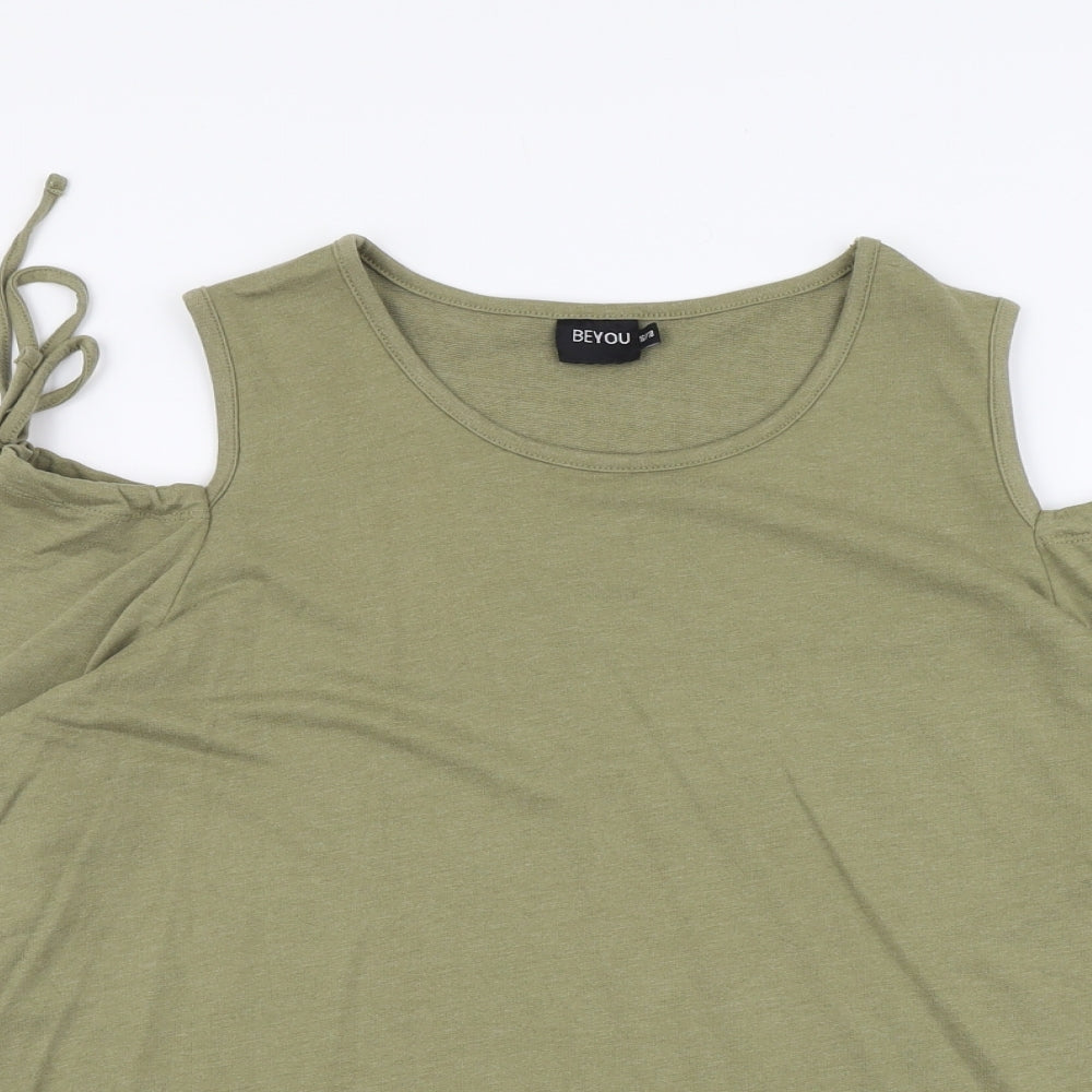 Be You Womens Green Cotton Basic T-Shirt Size 16 Round Neck - Cold Shoulder