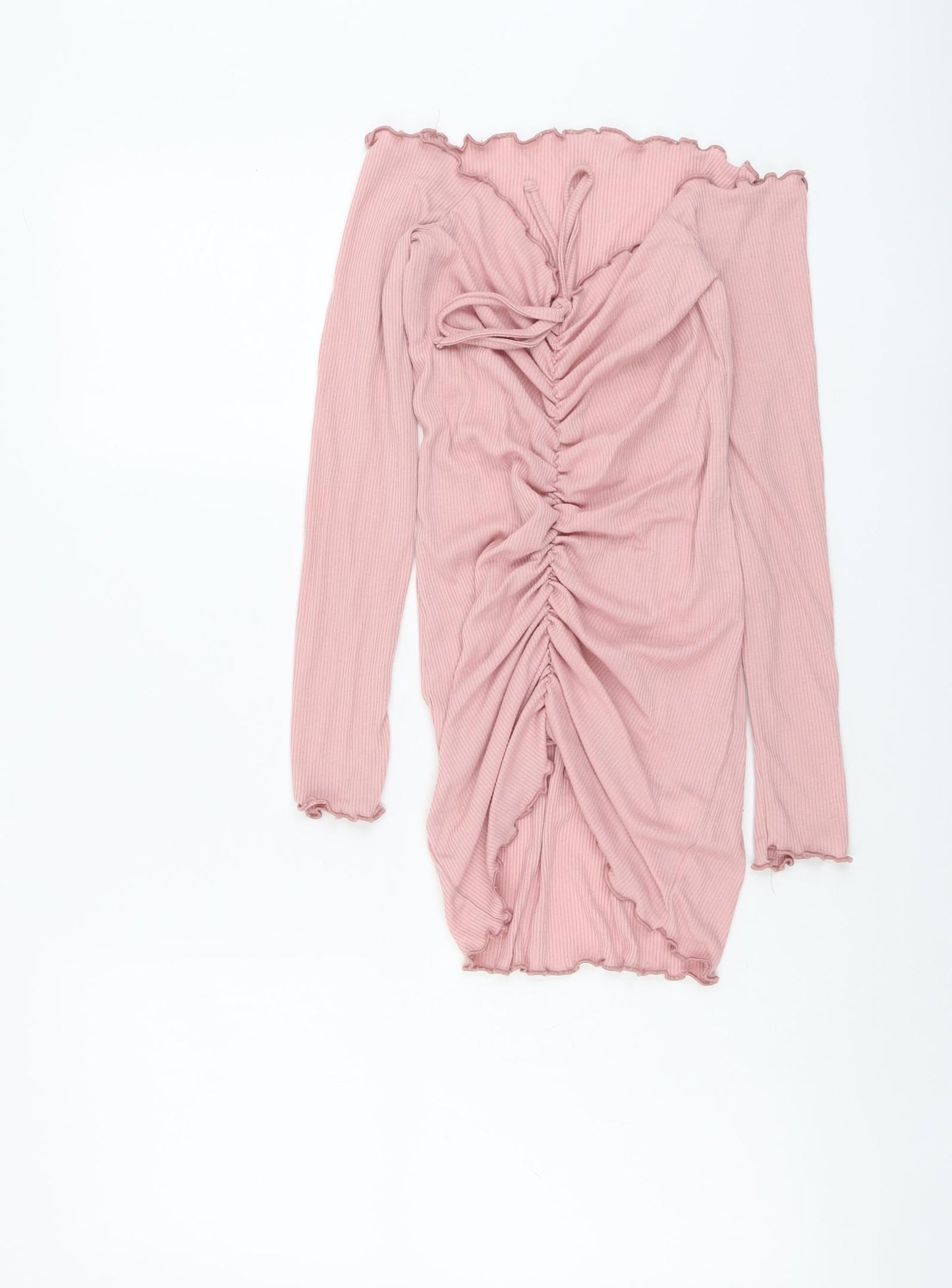 Boohoo Womens Pink Polyester Bodycon Size 10 Off the Shoulder Pullover - Ruched