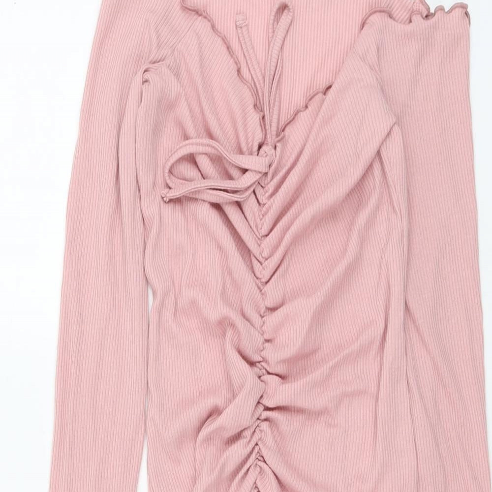 Boohoo Womens Pink Polyester Bodycon Size 10 Off the Shoulder Pullover - Ruched
