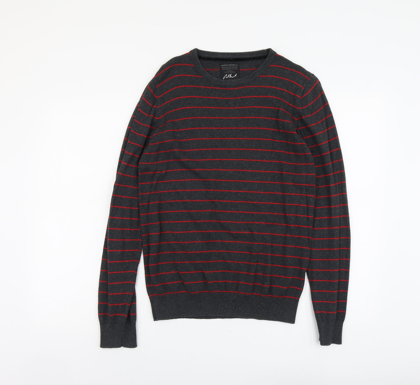 Ambrose Mens Grey Round Neck Striped Cotton Pullover Jumper Size M Long Sleeve