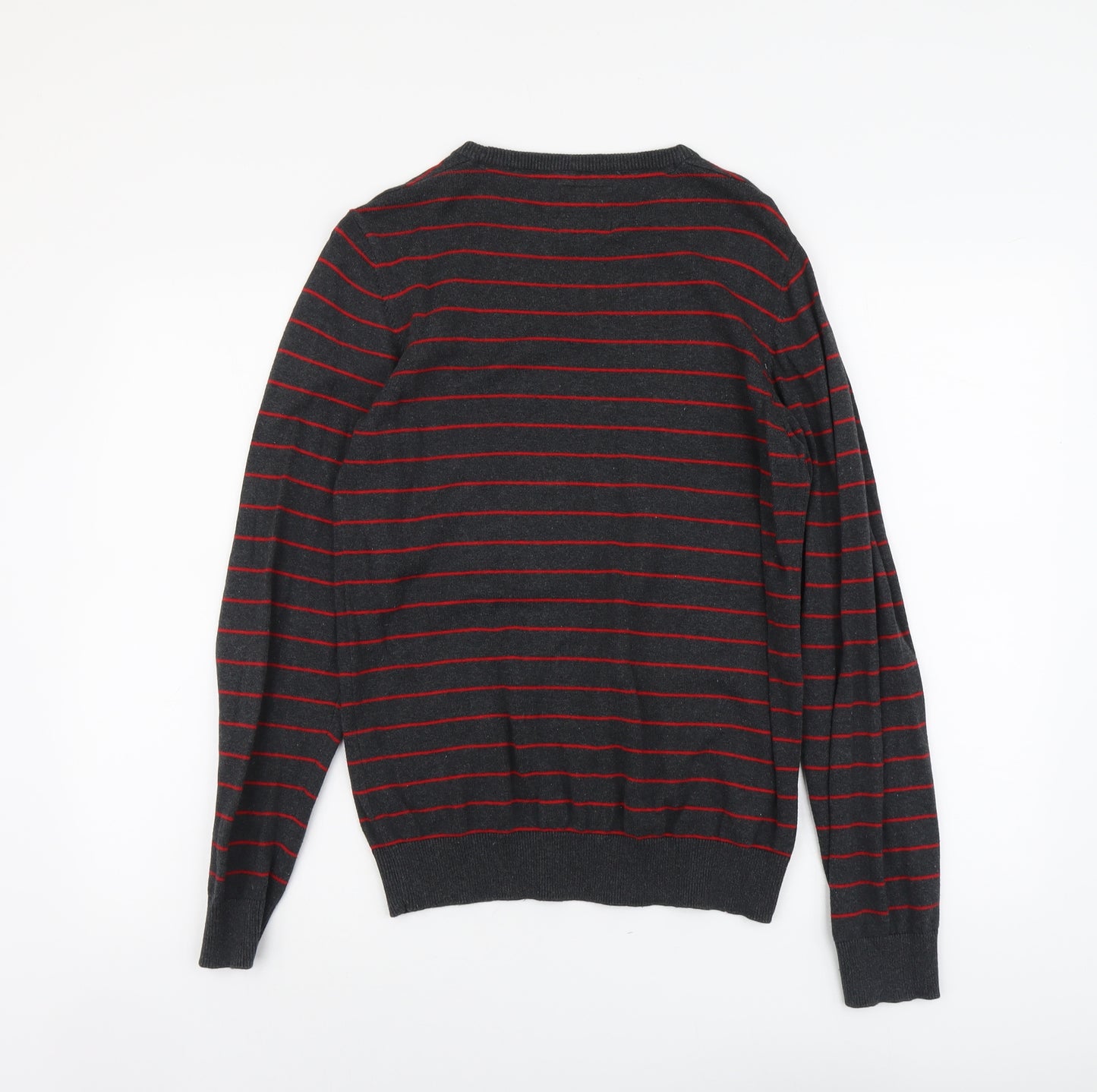 Ambrose Mens Grey Round Neck Striped Cotton Pullover Jumper Size M Long Sleeve