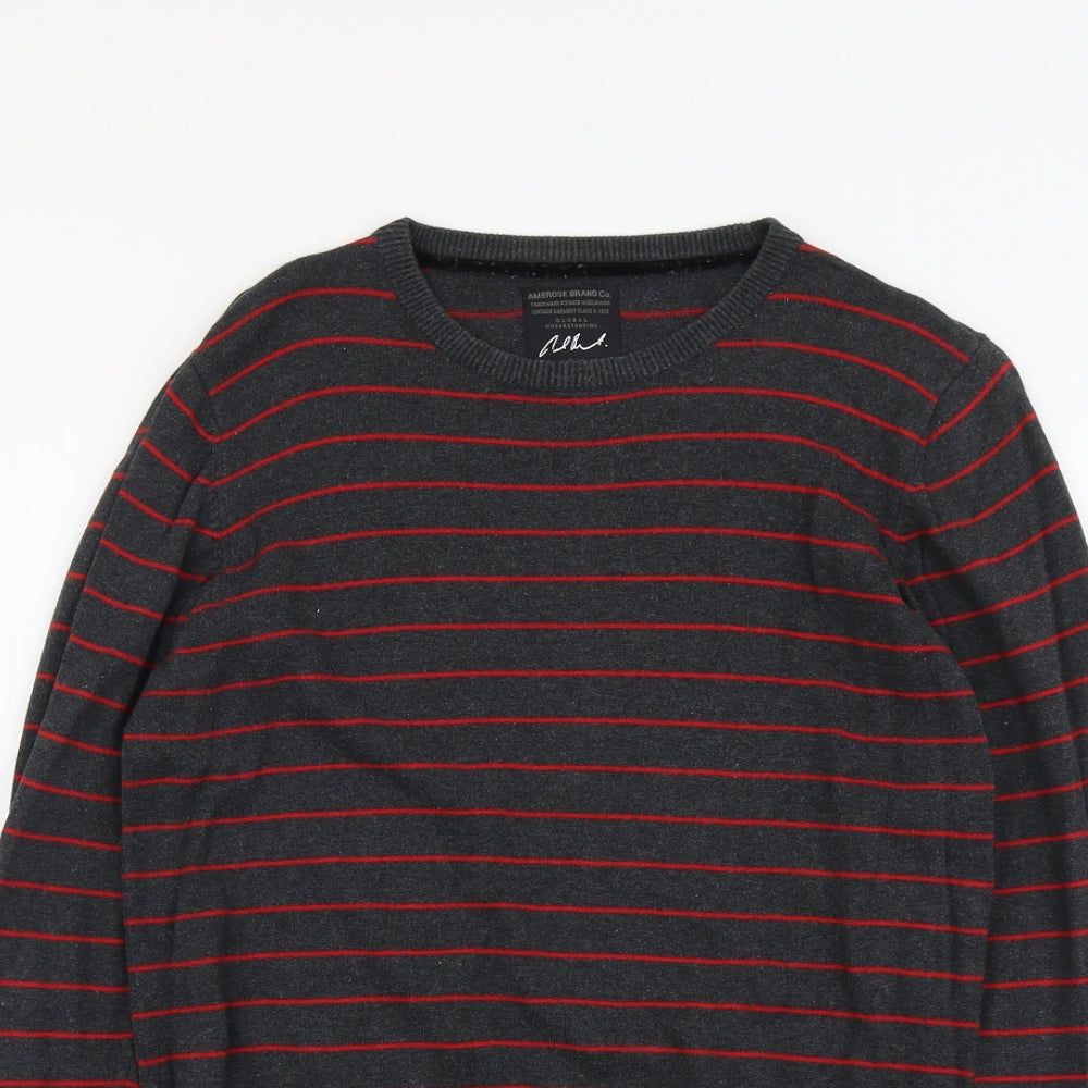 Ambrose Mens Grey Round Neck Striped Cotton Pullover Jumper Size M Long Sleeve
