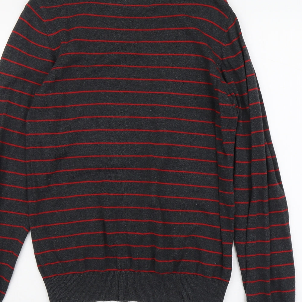 Ambrose Mens Grey Round Neck Striped Cotton Pullover Jumper Size M Long Sleeve