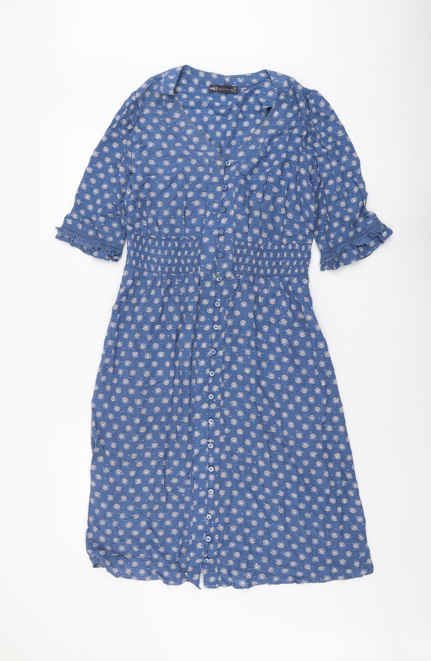 Marks and Spencer Womens Blue Geometric Viscose A-Line Size 10 V-Neck Button