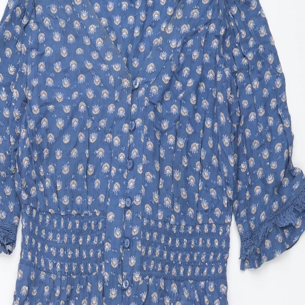 Marks and Spencer Womens Blue Geometric Viscose A-Line Size 10 V-Neck Button