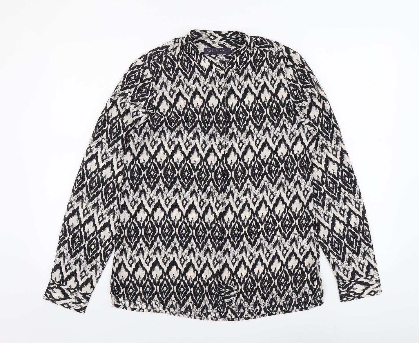 Marks and Spencer Womens Black Geometric Polyester Basic Button-Up Size 10 Round Neck