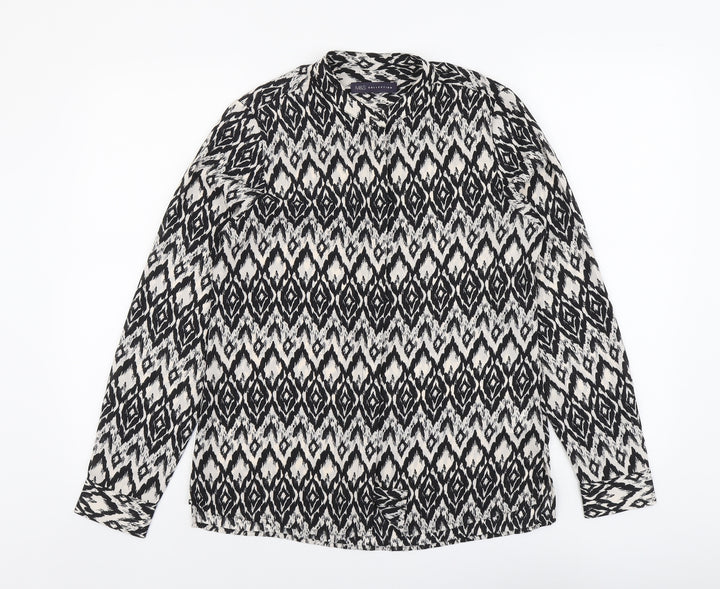 Marks and Spencer Womens Black Geometric Polyester Basic Button-Up Size 10 Round Neck