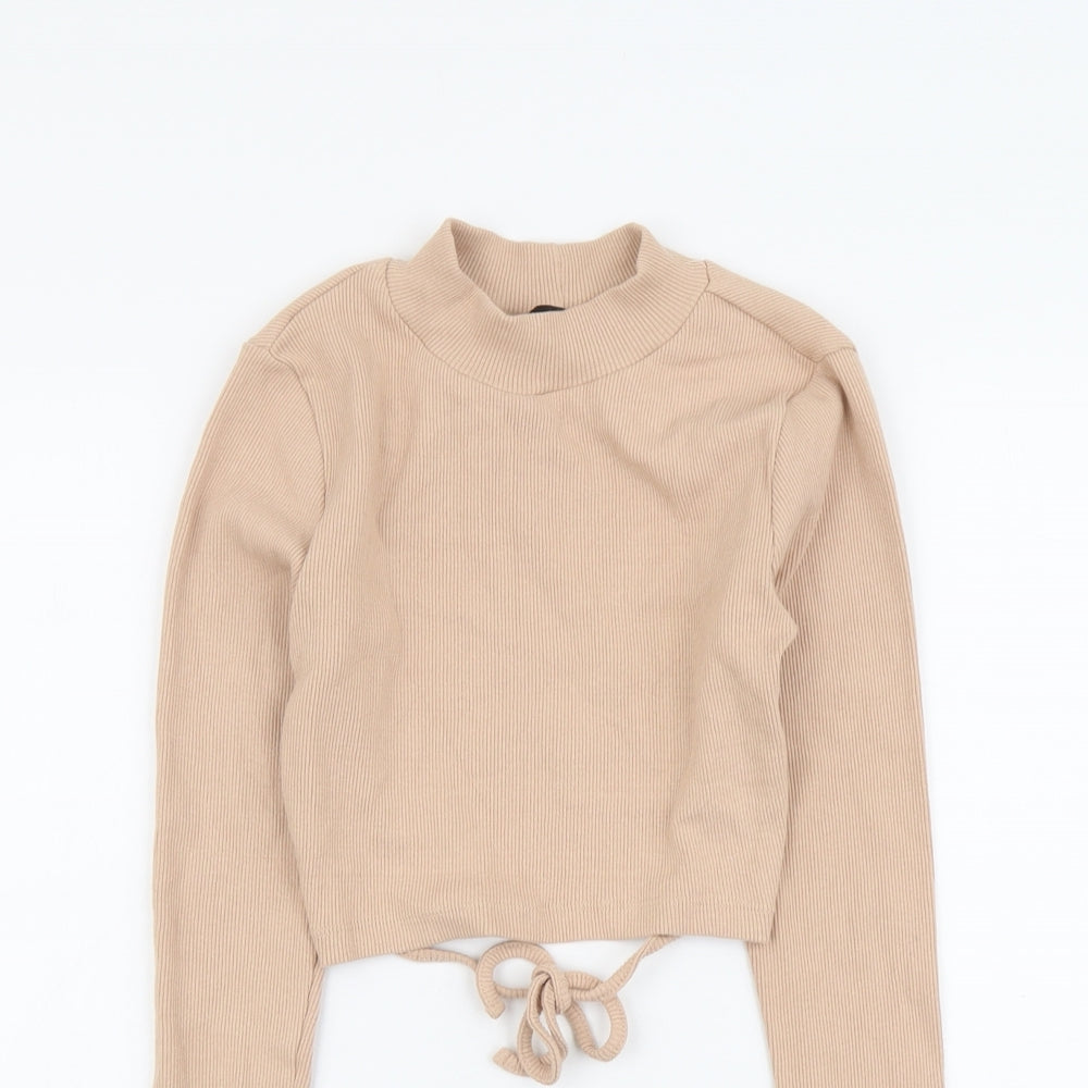 PRETTYLITTLETHING Womens Beige Cotton Basic T-Shirt Size 6 High Neck