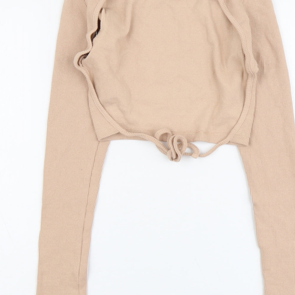 PRETTYLITTLETHING Womens Beige Cotton Basic T-Shirt Size 6 High Neck